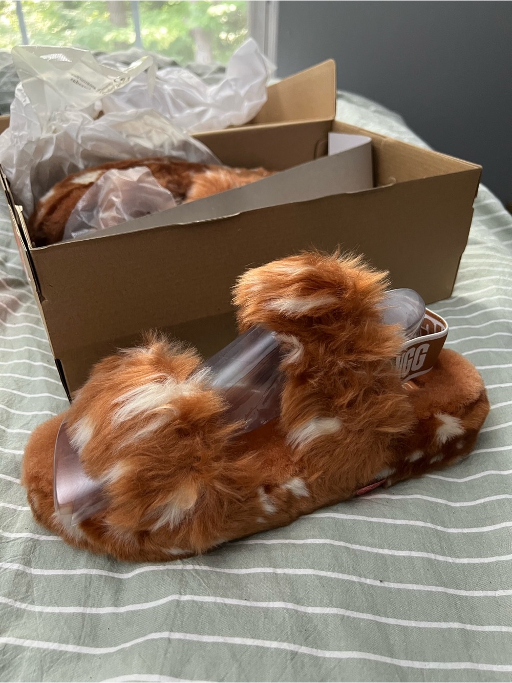 UGG Chestnut & Cream Faux Fur Oh Yeah Slide with Logo Strap